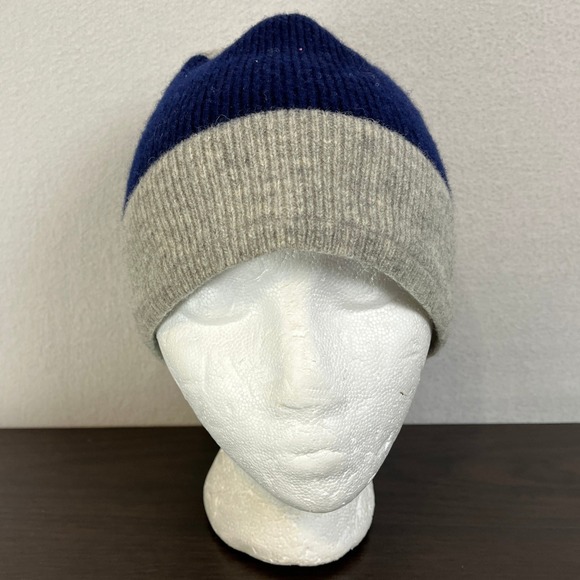 Vintage Striped Beanie Hat Navy Blue Gray 100% Wool Adult One Size Toque - Picture 6 of 8